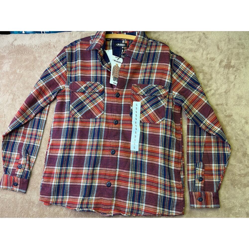 Buffalo Jeans Mens Plaid Shirt Jacket Red Navy Cotton Flannel Shacket